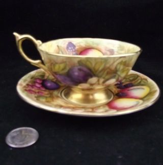 AYNSLEY HAND PAINTED ORCHARD FRUIT GOLD SIGNED D.  JONES CAB.  TEA CUP AND SAUCER 3