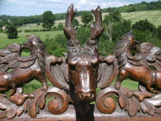 19thc Gothic Oak Carved Pediment With Deer Head & Winged Gargoyles