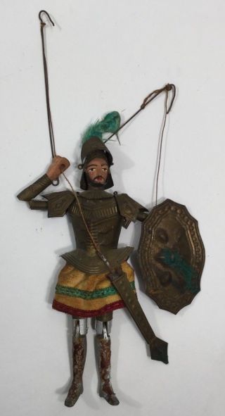 Antique 1800s Marionette Victorian Knight Puppet Rare Museum Carved Wood & Tin