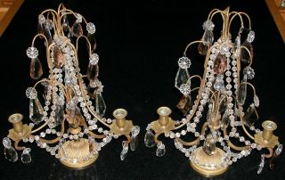 Pair Antique French Bronze Draped Crystal Girandole Candelabra Lamp Beads 3 Arm