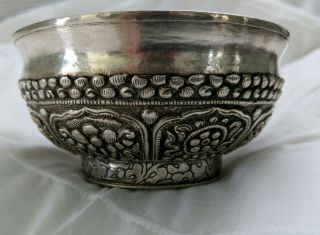 Rare Tibetan Nepal Signed Antique Silver Clad Tea Bowl Cup 8 Budhist Symbols