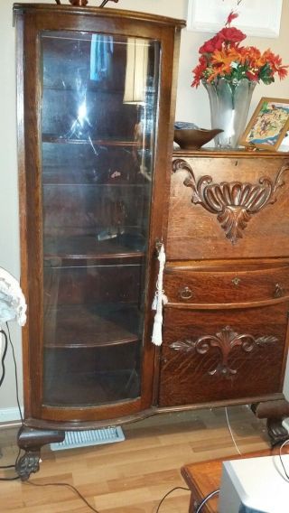 1900 - 1930 Antique Secretary Side By Side Curved Glass Bookcase Curio Cabinet