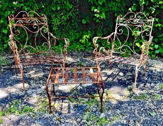 Vintage Outdoor Garden Wrought Iron Chairs With Ottoman