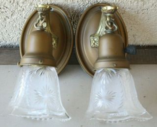 Pair Antique Vintage Brass Sconce Wall Light Fixture & Pressed Glass Shade