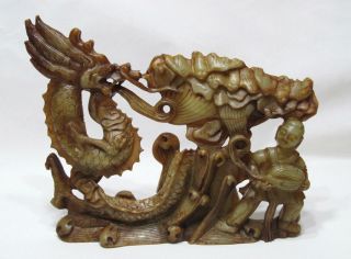 Fine Old Large Chinese Soapstone Carved Boy,  Bats & Dragon Statue 12.  5