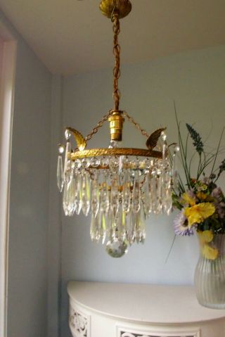 Antique/vintage French 2 Tier Gilt Brass & Crystal Waterfall Chandelier Light