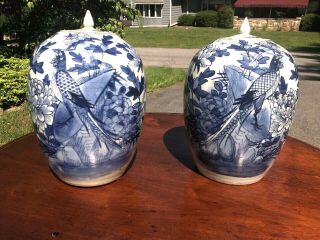 A Pair Antique Chinese Porcelain Blue And White Jar With Lid 19th Century