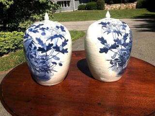 A Pair Antique Chinese Porcelain Blue And White Jar With Lid 19th Century 5