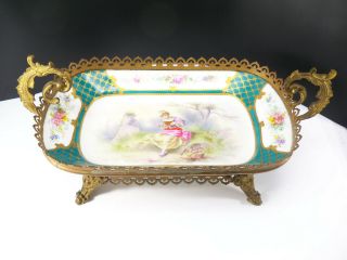 French Ormolu Bronze Sevres Style Hand - Painted Porcelain Centerpiece Tray