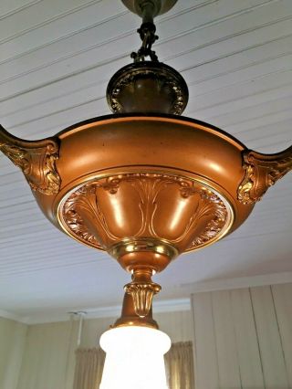 Antique Pan Light Fixture 3 Floral Glass Pendant 2Tone Brass Early 1900s 2