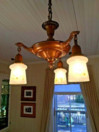 Antique Pan Light Fixture 3 Floral Glass Pendant 2Tone Brass Early 1900s 3