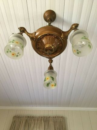 Antique Pan Light Fixture 3 Floral Glass Pendant 2Tone Brass Early 1900s 5