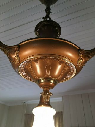 Antique Pan Light Fixture 3 Floral Glass Pendant 2Tone Brass Early 1900s 7