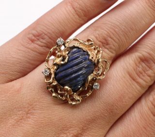 Size 6.  5 Vintage Ladys 14kt Yellow Gold Biomorphic Carved Lapis & Diamond Ring