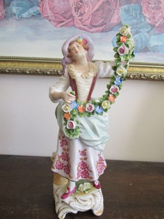Antique Dresden Germany Porcelain Figurine Girl Wreath Of Flowers