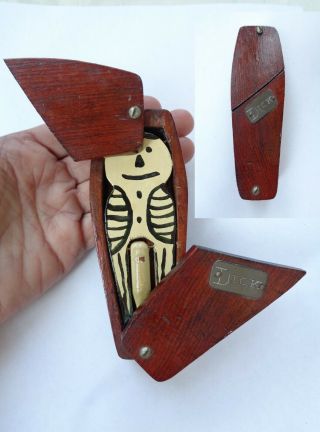 Antique Home Made Naughty Wood Skeleton In Coffin Box Named Dick
