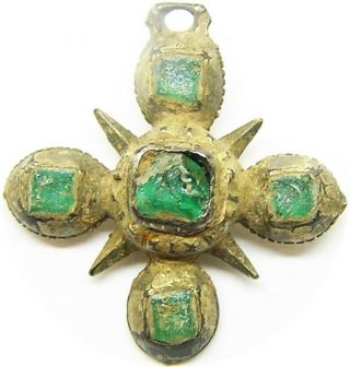 Excavated 17th Century Spanish Baroque Silver Gilt Cross Pendant Emerald Pastes