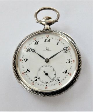 1910 Silver & Niello Omega 15 Jewelled Swiss Lever Pocket Watch In Order