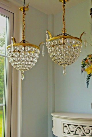 Lovely Pretty Vintage Crystal Glass & Brass Basket Chandelier Lights