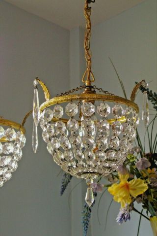 Lovely Pretty Vintage Crystal Glass & Brass Basket chandelier lights 3