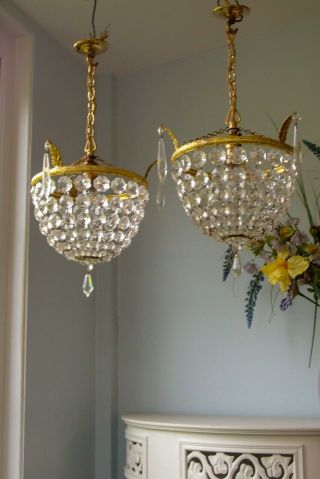 Lovely Pretty Vintage Crystal Glass & Brass Basket chandelier lights 4