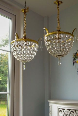 Lovely Pretty Vintage Crystal Glass & Brass Basket chandelier lights 7