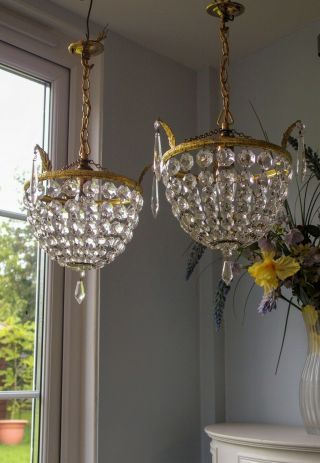 Lovely Pretty Vintage Crystal Glass & Brass Basket chandelier lights 9