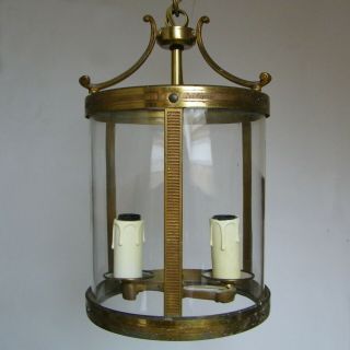 Antique French Lantern Brass & Bronze Cylindrical Glass Hanging Ceiling Light
