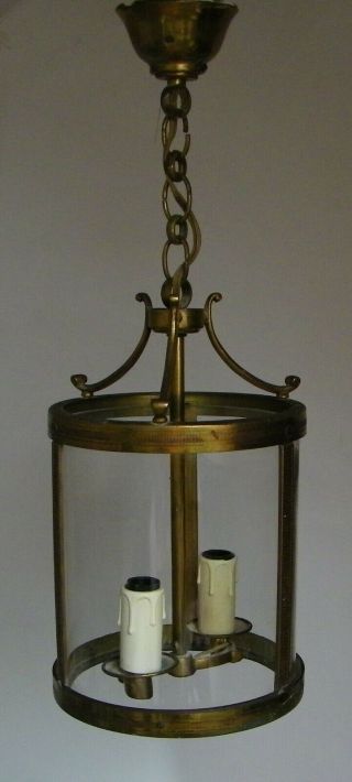 ANTIQUE FRENCH LANTERN BRASS & BRONZE CYLINDRICAL GLASS HANGING CEILING LIGHT 2