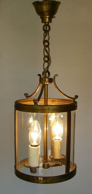 ANTIQUE FRENCH LANTERN BRASS & BRONZE CYLINDRICAL GLASS HANGING CEILING LIGHT 3