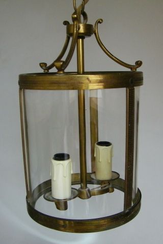 ANTIQUE FRENCH LANTERN BRASS & BRONZE CYLINDRICAL GLASS HANGING CEILING LIGHT 4