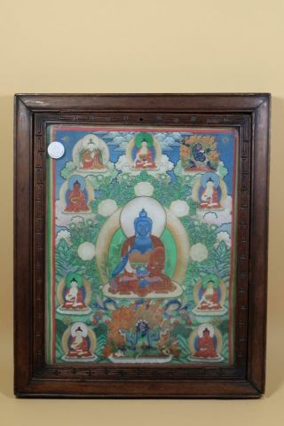 A Chinese Wood Glass Plaque Buddhas Tibetan Thangka On Fabric.