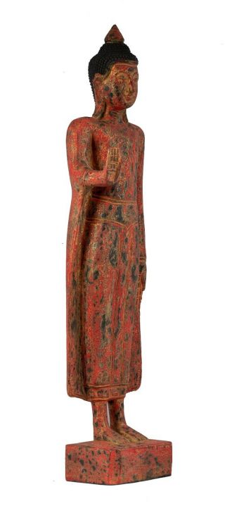 Antique Khmer Style Wood Standing Protection Monday Buddha Statue - 64cm/26 