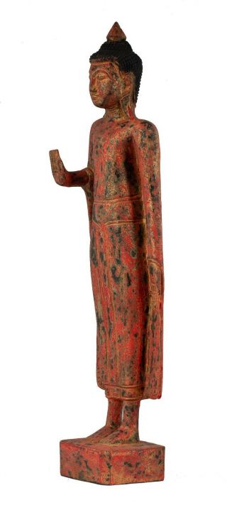 Antique Khmer Style Wood Standing Protection Monday Buddha Statue - 64cm/26 