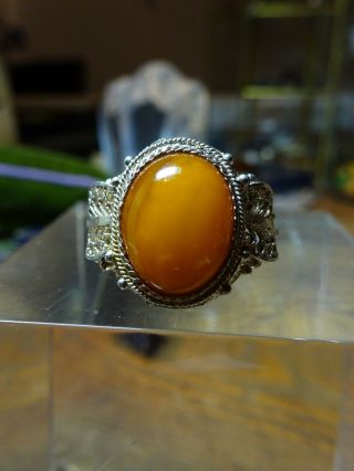 Vtg Chinese Export Silver Filigree Adjustable Ring With Yellow Yolk Amber