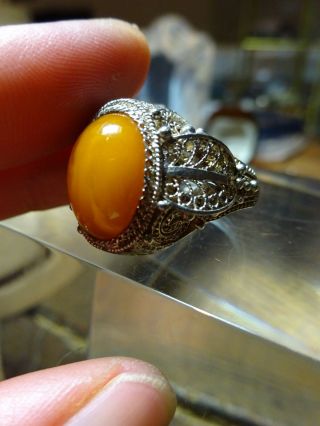 Vtg Chinese Export Silver Filigree Adjustable Ring with Yellow Yolk Amber 2