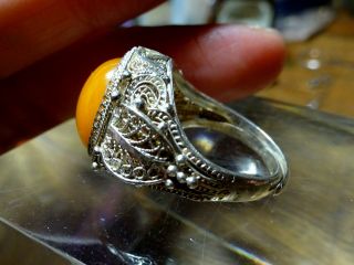 Vtg Chinese Export Silver Filigree Adjustable Ring with Yellow Yolk Amber 3