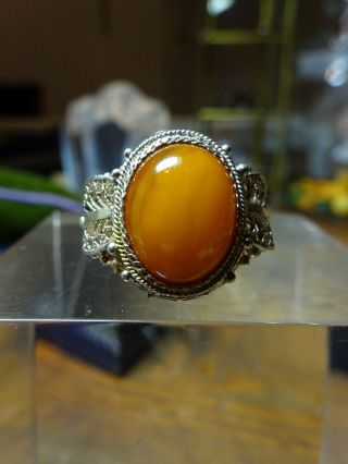 Vtg Chinese Export Silver Filigree Adjustable Ring with Yellow Yolk Amber 4