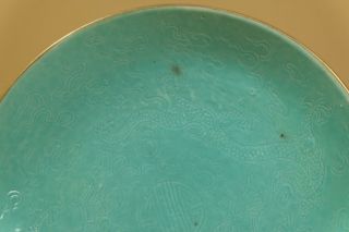 A Chinese Turquoise Blue Glazed Dragons Porcelain Dish/Plate.  Marked. 2