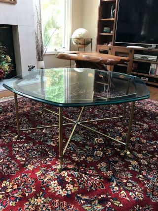 Vintage Labarge Style Hexagon Glass Coffee Table With Brass Hoof Foot