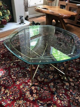 Vintage Labarge Style Hexagon Glass Coffee Table with Brass Hoof Foot 2