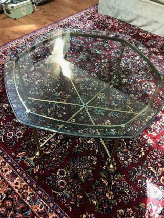 Vintage Labarge Style Hexagon Glass Coffee Table with Brass Hoof Foot 5
