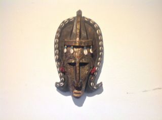 A African Wooden Hand Carved Tribal Bambara Mali Mask Brass Metal Mounts