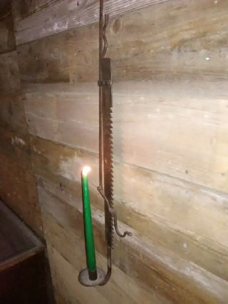 Antique Wrought Iron Hanging Saw - tooth Trammel Lighting candle holder RARE 11