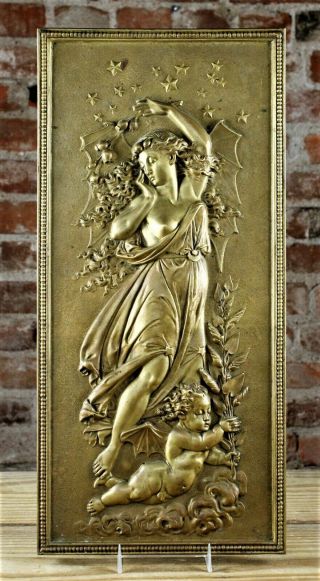 Large Antique French Or Austrian Neo Classic Gilt Bronze Plaque Nymph & Putto