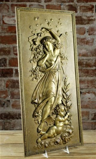LARGE ANTIQUE FRENCH OR AUSTRIAN NEO CLASSIC GILT BRONZE PLAQUE NYMPH & PUTTO 2