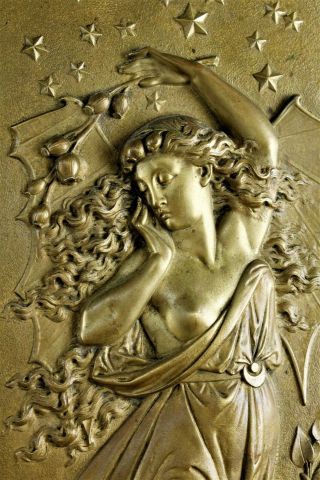 LARGE ANTIQUE FRENCH OR AUSTRIAN NEO CLASSIC GILT BRONZE PLAQUE NYMPH & PUTTO 3