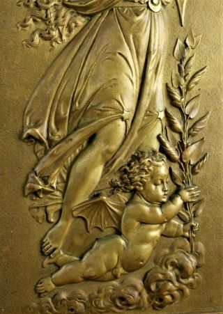 LARGE ANTIQUE FRENCH OR AUSTRIAN NEO CLASSIC GILT BRONZE PLAQUE NYMPH & PUTTO 4