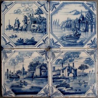 4 Rare Antique Dutch Delft Delftware Landscape River Scene Tiles Carreau C.  1750