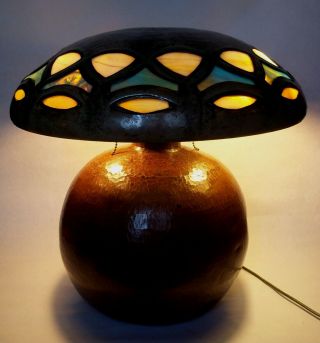 Arts And Crafts Hand Hammered Copper Lamp With Fulper Vasekrafts Shade 1910